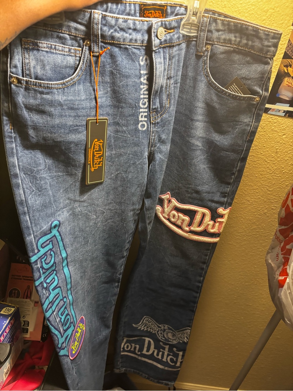 Von Dutch Blue Denim Jeans with Pink & Teal Patches - Picture 2 of 8
